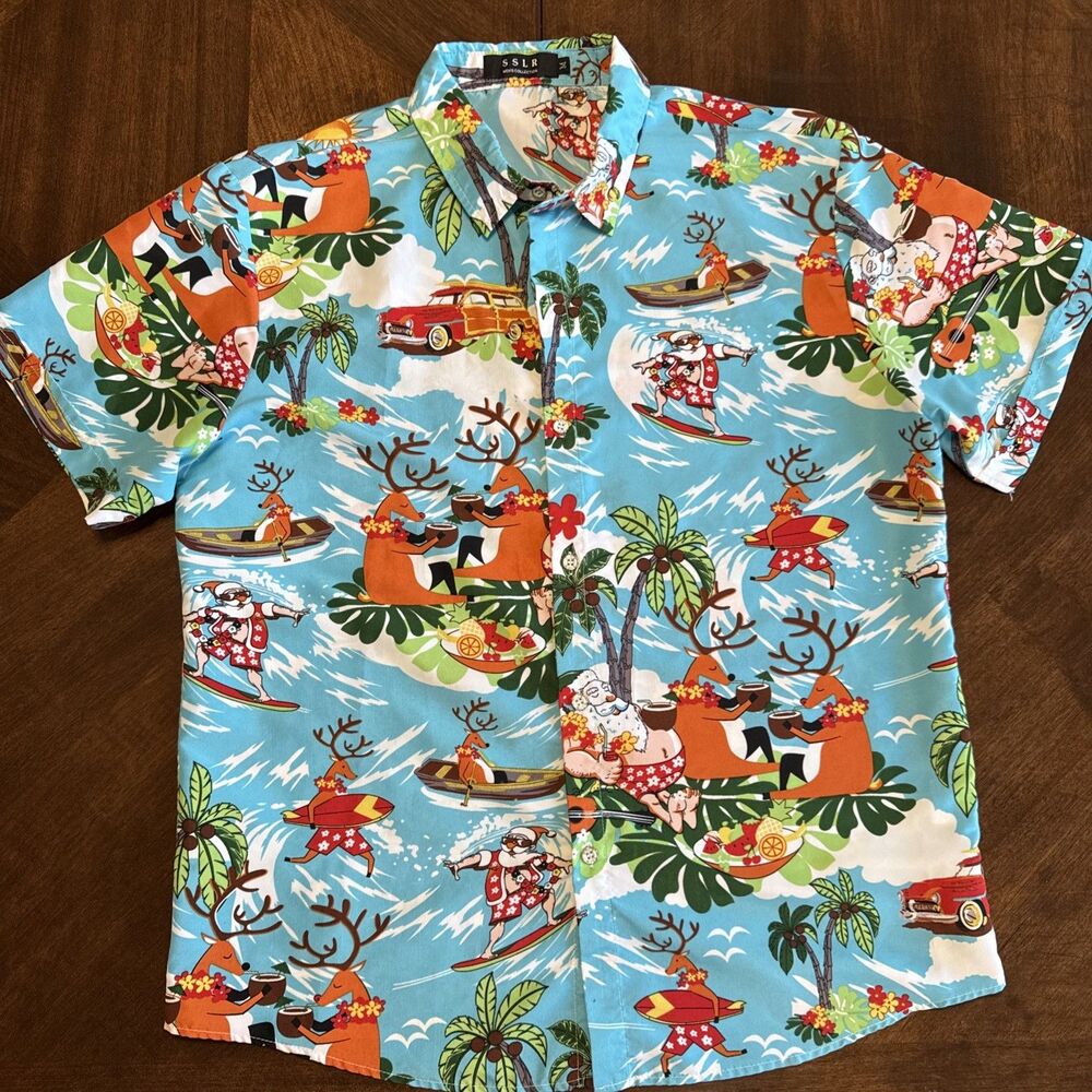 SSLR XL Men’s Collection Hawaiian Santa Christmas Shirt Party Tropical Reindeer